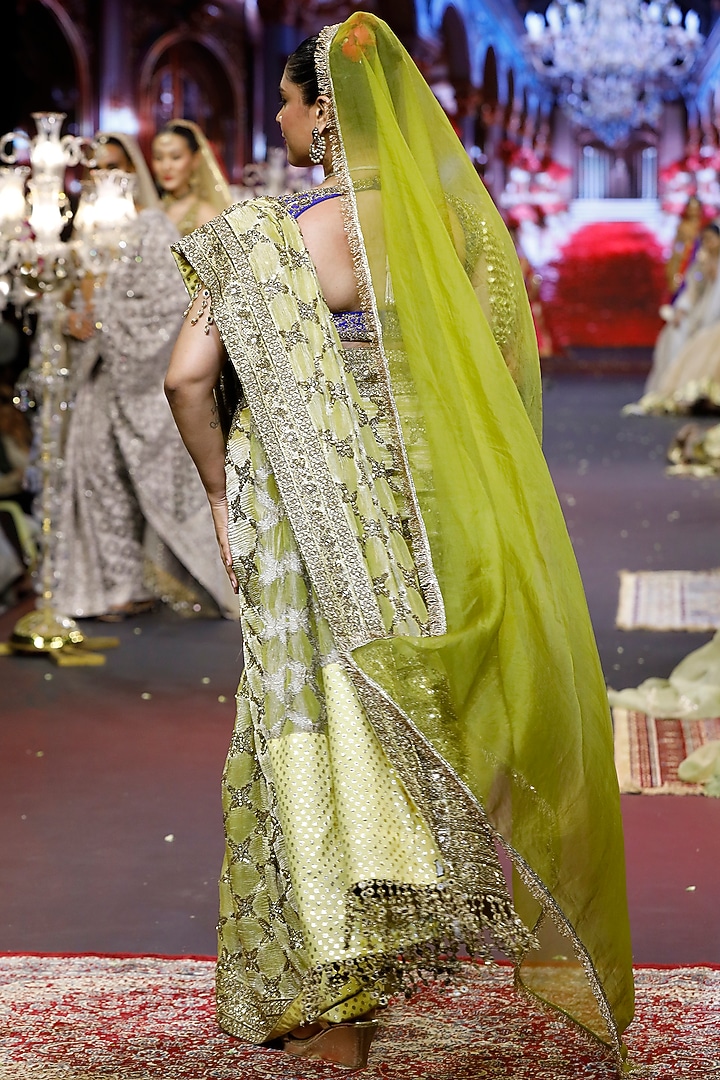 Yellow & Blue Tissue Hand Embroidered Bridal Saree Set by ITRH at Pernia's Pop Up Shop