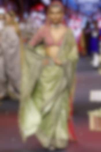 Green & Pink Tissue Hand Embroidered Bridal Saree Set by ITRH at Pernia's Pop Up Shop