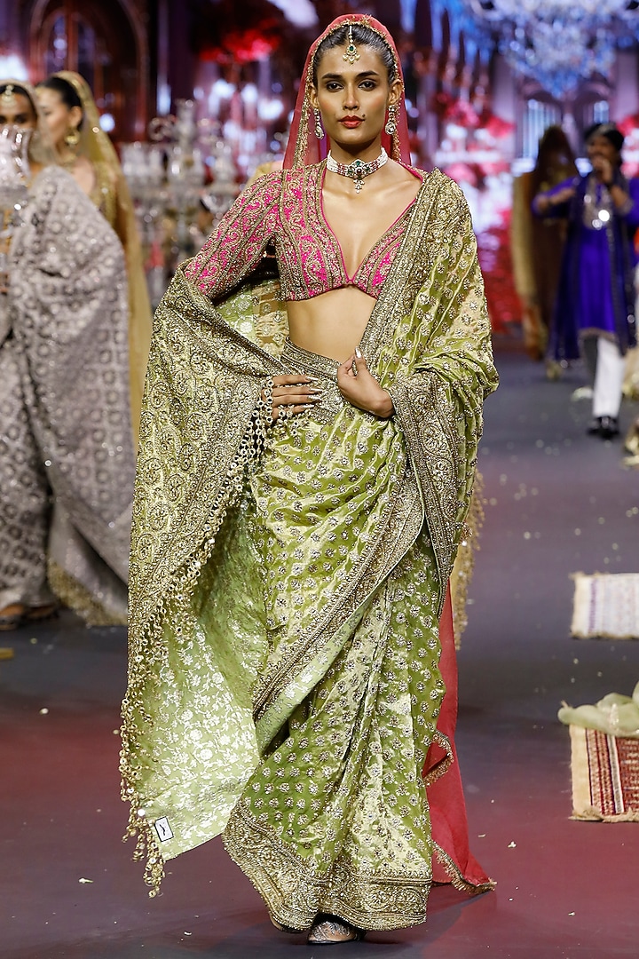 Green & Pink Tissue Hand Embroidered Bridal Saree Set by ITRH at Pernia's Pop Up Shop