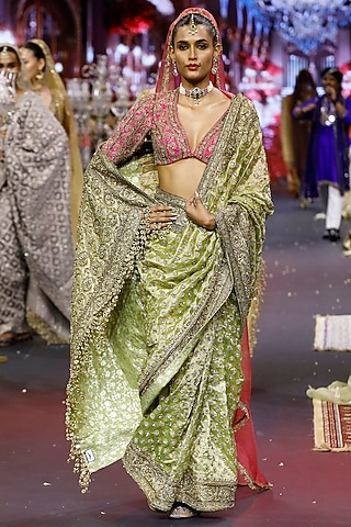 Green & Pink Tissue Hand Embroidered Saree Set by ITRH
