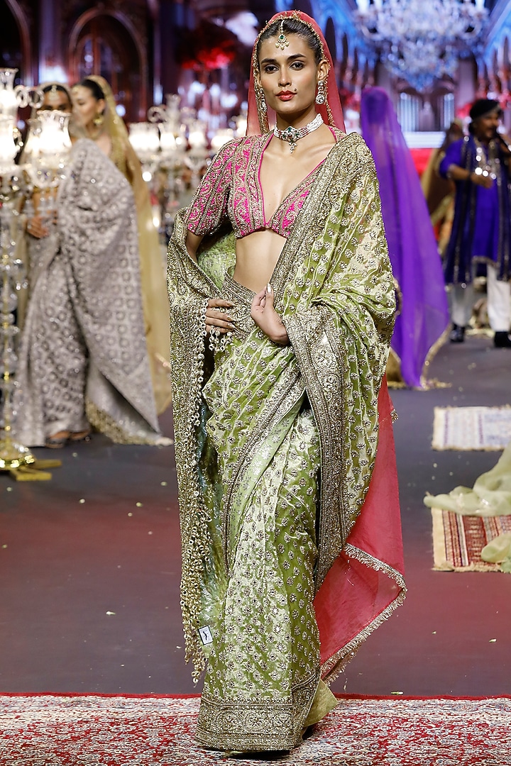 Green & Pink Tissue Hand Embroidered Bridal Saree Set by ITRH at Pernia's Pop Up Shop
