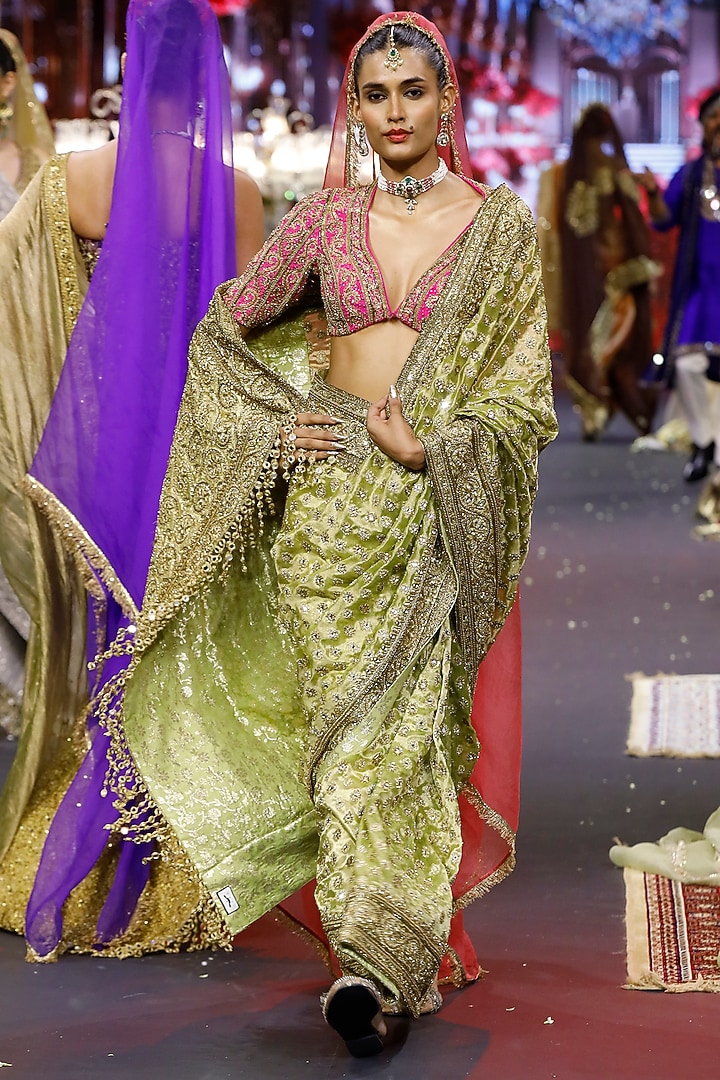 Green & Pink Tissue Hand Embroidered Bridal Saree Set by ITRH at Pernia's Pop Up Shop