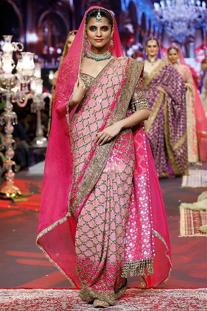 Pink Ombre Georgette Embroidered Bridal Saree Set by ITRH at Pernia's Pop Up Shop