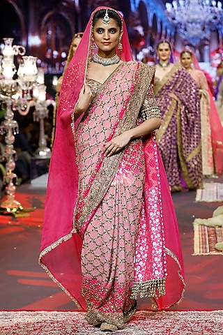 Pink Ombre Georgette Embroidered Saree Set by ITRH