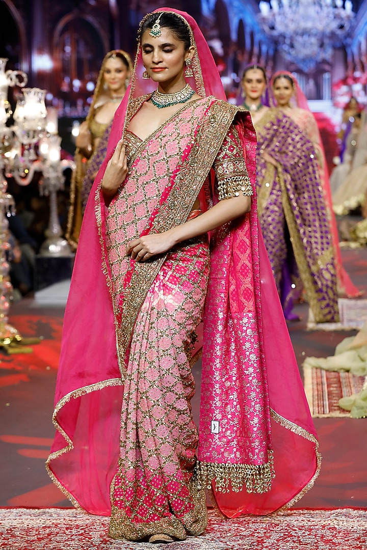 Pink Ombre Georgette Embroidered Bridal Saree Set by ITRH at Pernia's Pop Up Shop
