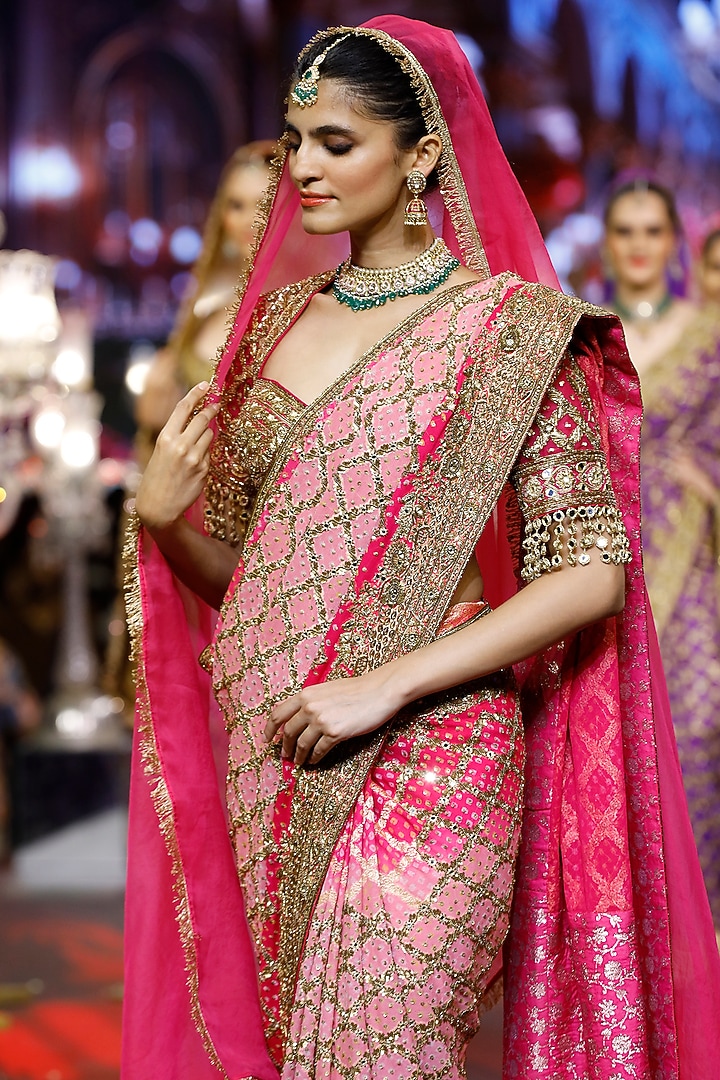 Pink Ombre Georgette Embroidered Bridal Saree Set by ITRH at Pernia's Pop Up Shop