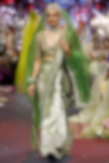 Green & Gold Tissue Mirror Embroidered Bridal Saree Set by ITRH at Pernia's Pop Up Shop
