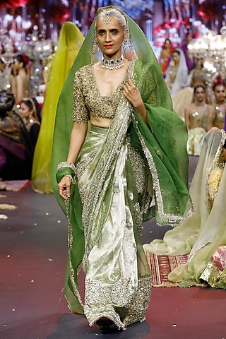 Green & Gold Tissue Mirror Embroidered Saree Set by ITRH
