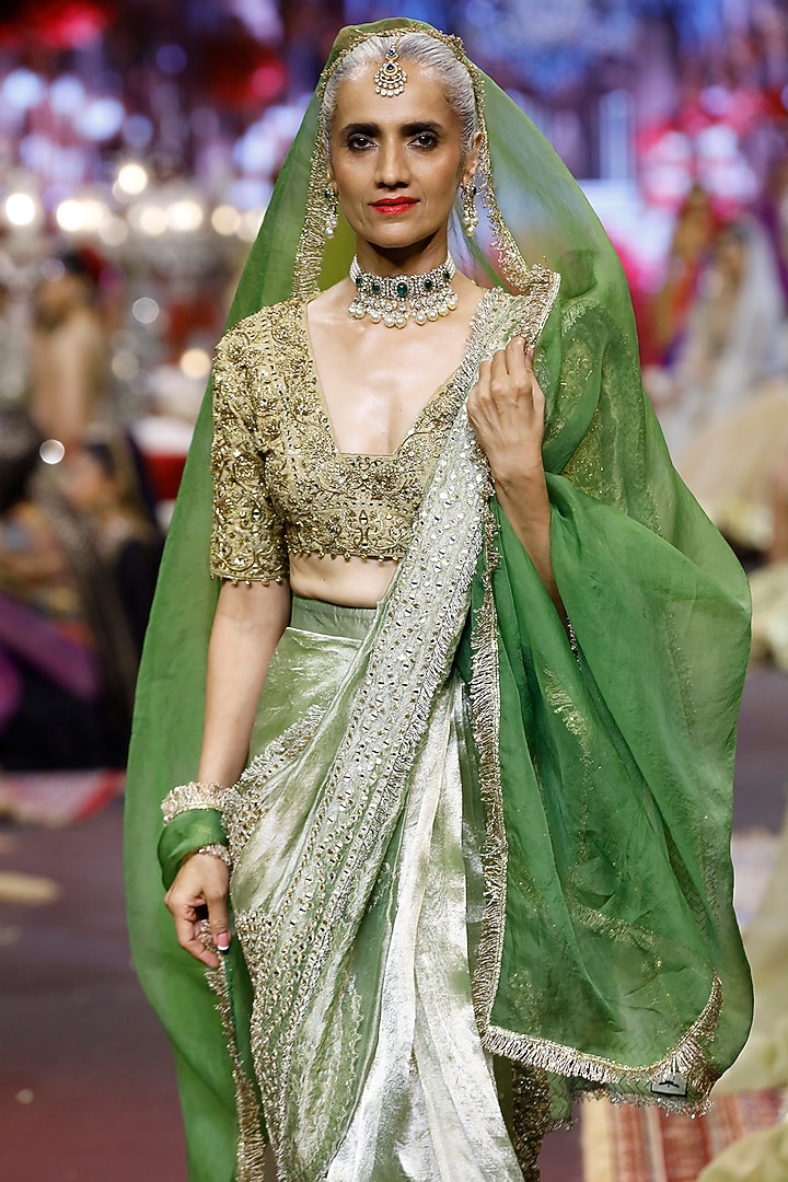 Green & Gold Tissue Mirror Embroidered Bridal Saree Set by ITRH at Pernia's Pop Up Shop