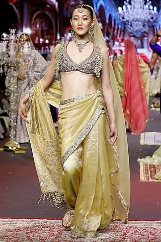 Yellow Crushed Tissue Saree Set by ITRH