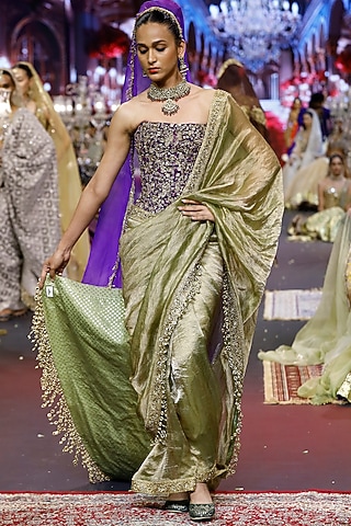 Green Crushed Tissue Saree Set by ITRH