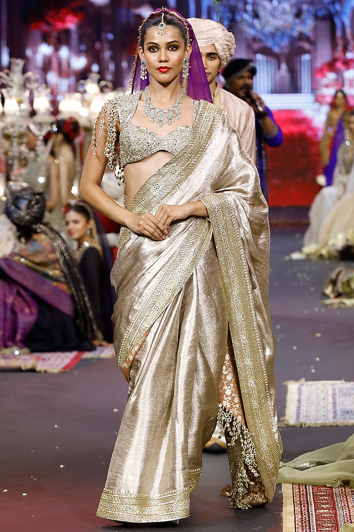 Rose Gold Banarasi Brocade Silk Bridal Saree Set by ITRH at Pernia's Pop Up Shop