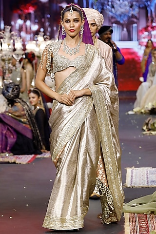 Rose Gold Banarasi Brocade Silk Saree Set by ITRH