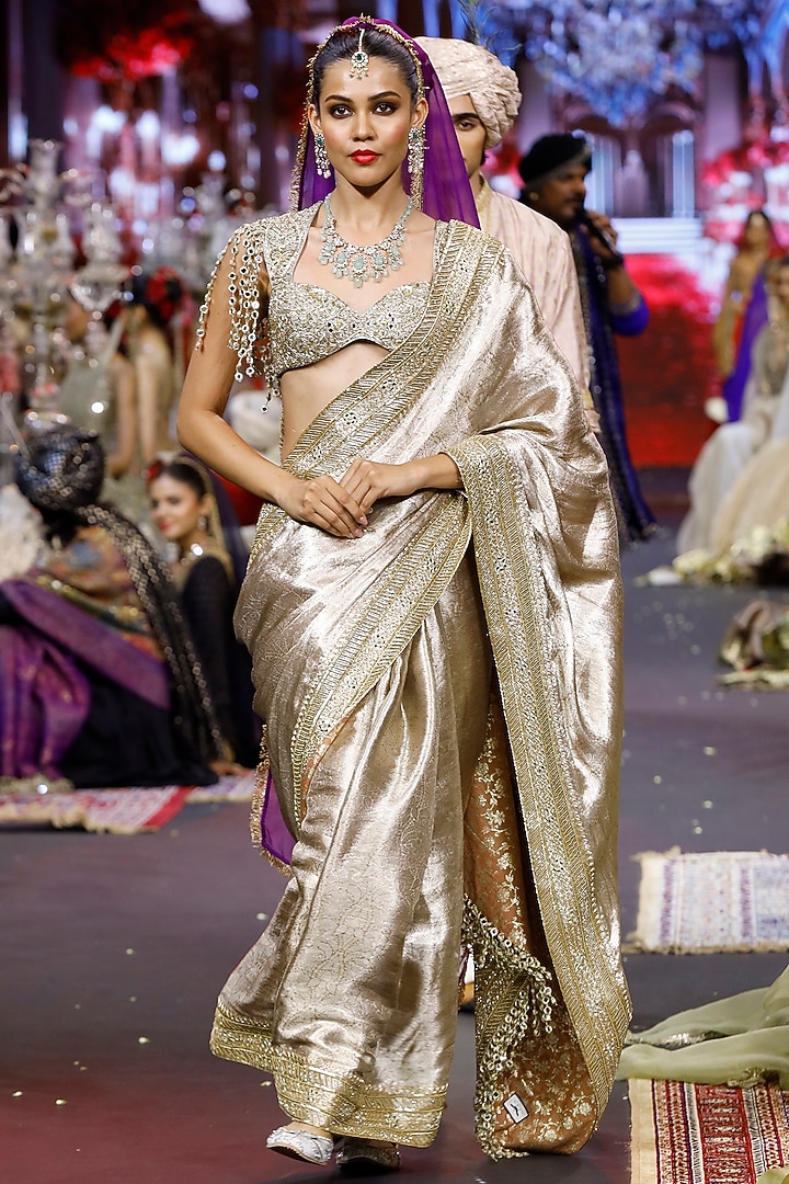Rose Gold Banarasi Brocade Silk Bridal Saree Set by ITRH at Pernia's Pop Up Shop
