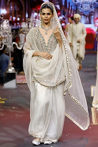 Ivory Organza Mirror Embroidered Saree Set by ITRH