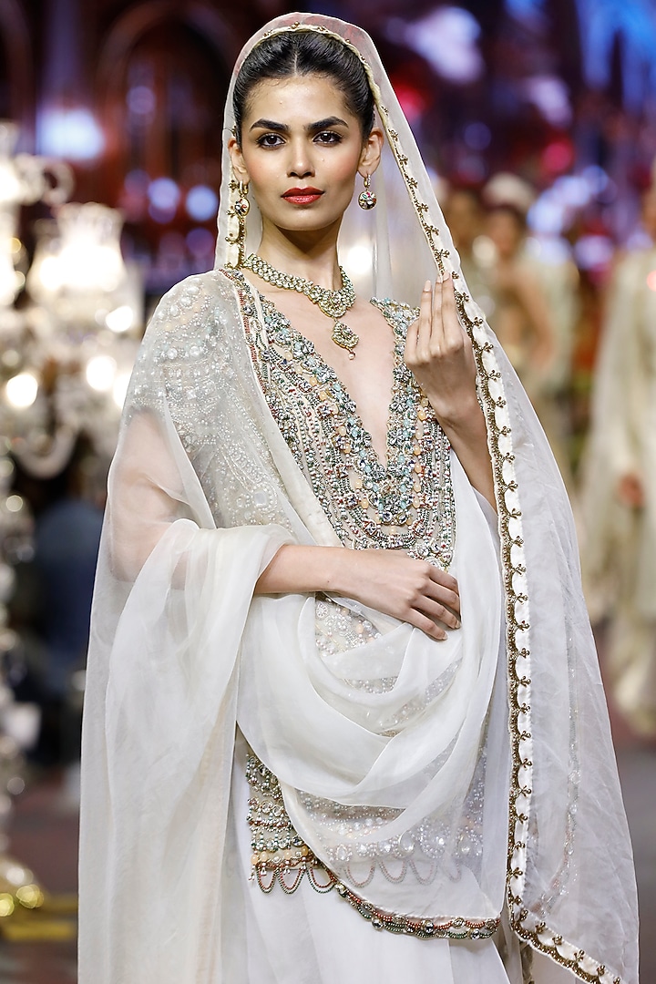 Ivory Organza Mirror Embroidered Bridal Saree Set by ITRH at Pernia's Pop Up Shop