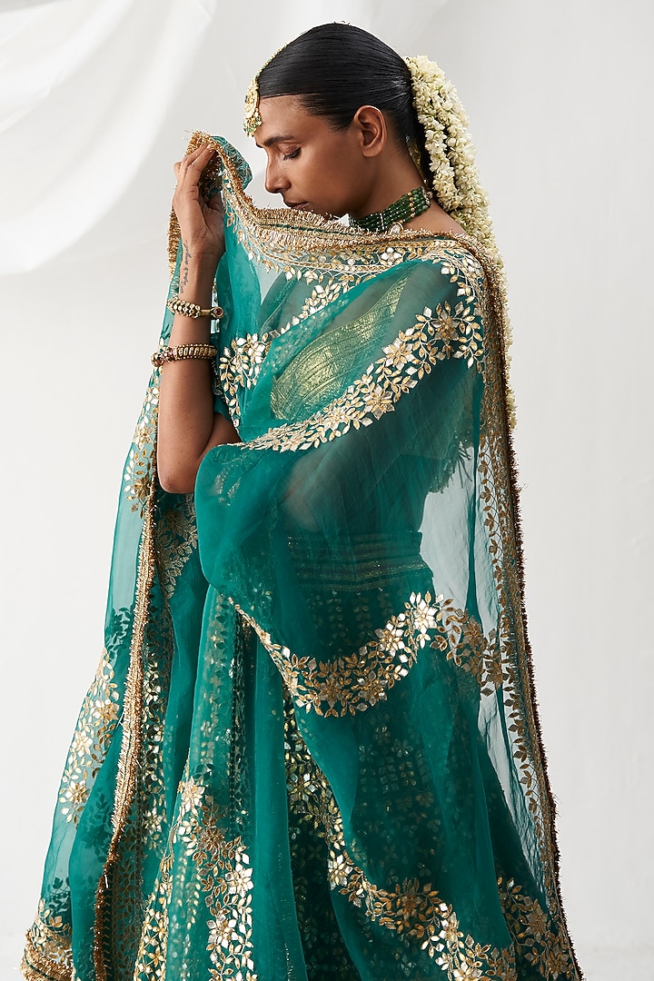 Green Organza Embroidered Bridal Lehenga Set by ITRH at Pernia's Pop Up Shop