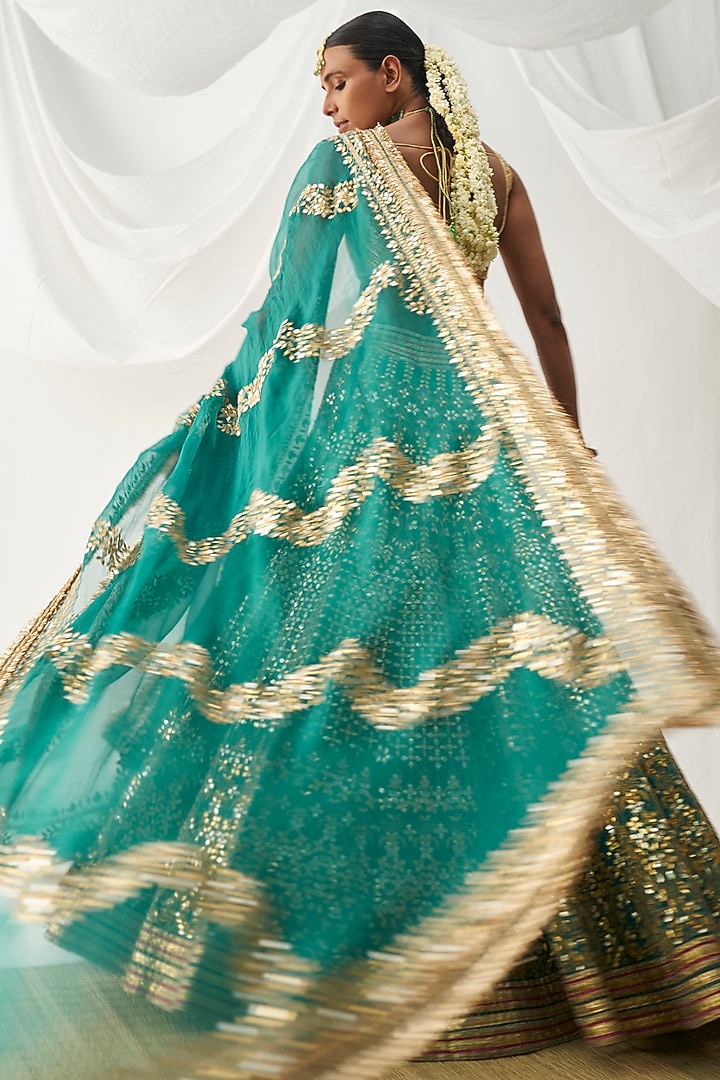 Green Organza Embroidered Bridal Lehenga Set by ITRH at Pernia's Pop Up Shop