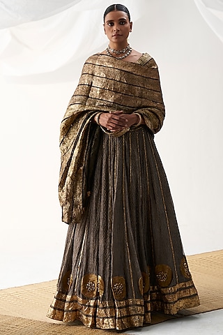 Black Tissue Embroidered Lehenga Set by ITRH