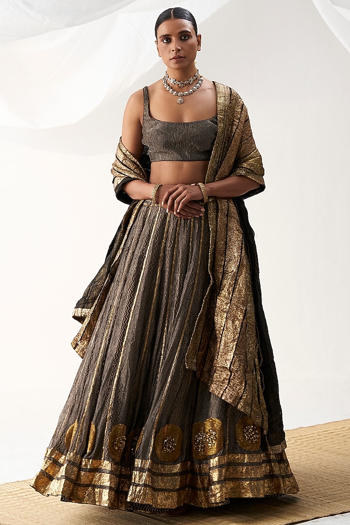Black Tissue Embroidered Wedding Lehenga Set by ITRH at Pernia's Pop Up Shop
