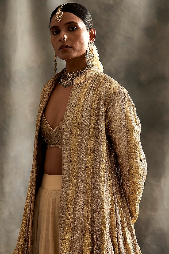 Gold Chanderi Jacket Set by ITRH at Pernia's Pop Up Shop