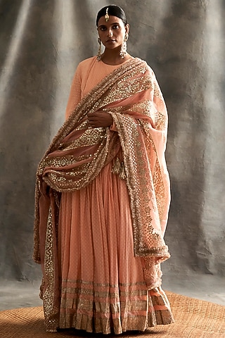 Peach Cotton Angrakha Kurta Set by ITRH