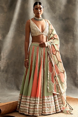 Peach & Mint Linen Lehenga Set by ITRH