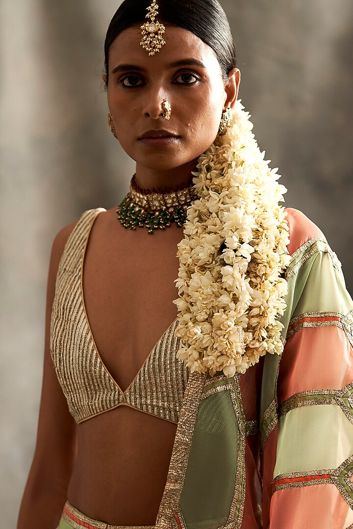 Peach & Mint Linen Bridal Lehenga Set by ITRH at Pernia's Pop Up Shop