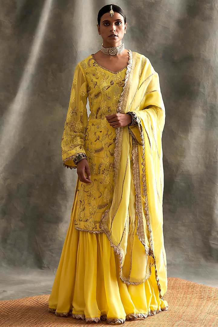 Yellow Silk Chanderi Sharara Set by ITRH at Pernia's Pop Up Shop