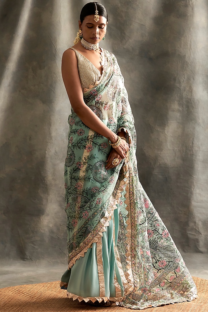 Mint Silk Crepe Embroidered Saree by ITRH