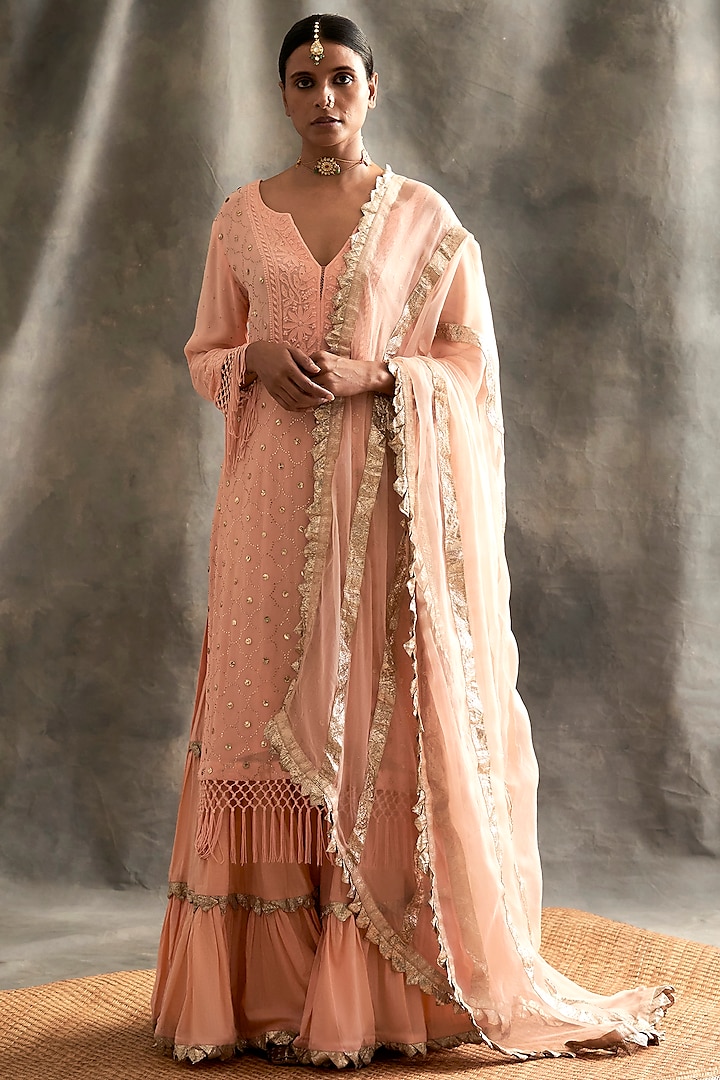 Peach Silk Layered Sharara Set by ITRH at Pernia's Pop Up Shop