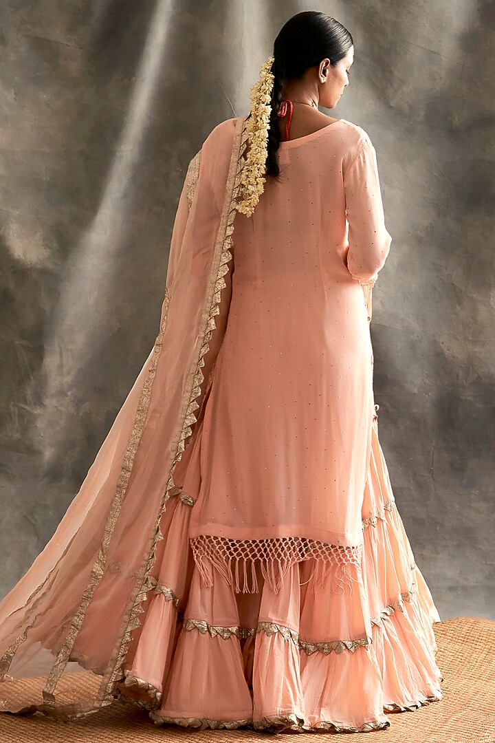 Peach Silk Layered Wedding Sharara Set by ITRH at Pernia's Pop Up Shop