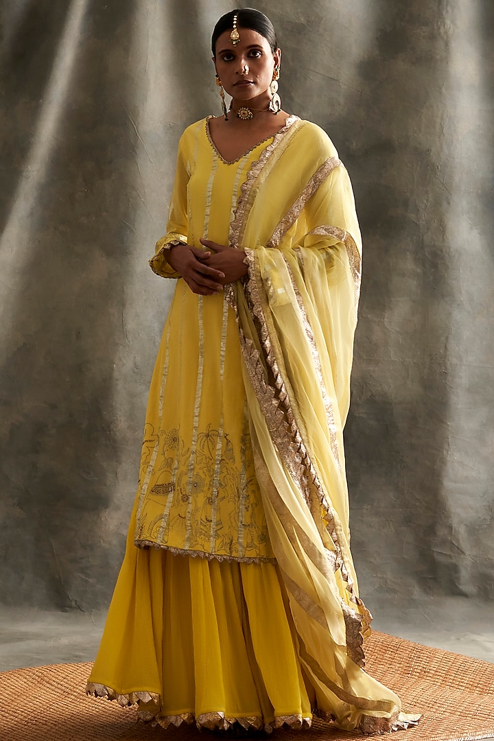 Yellow Embroidered Sharara Set by ITRH at Pernia's Pop Up Shop