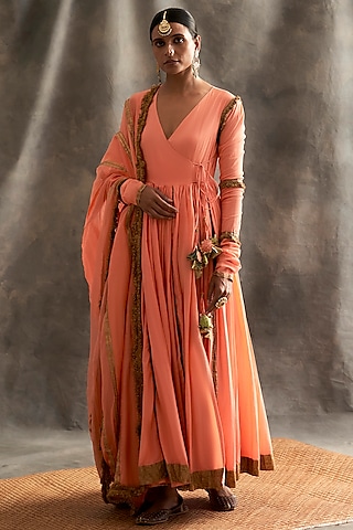Peach Cotton Mulmul Angrakha Kurta Set by ITRH