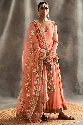 Peach Lampi Angrakha Kurta Set by ITRH