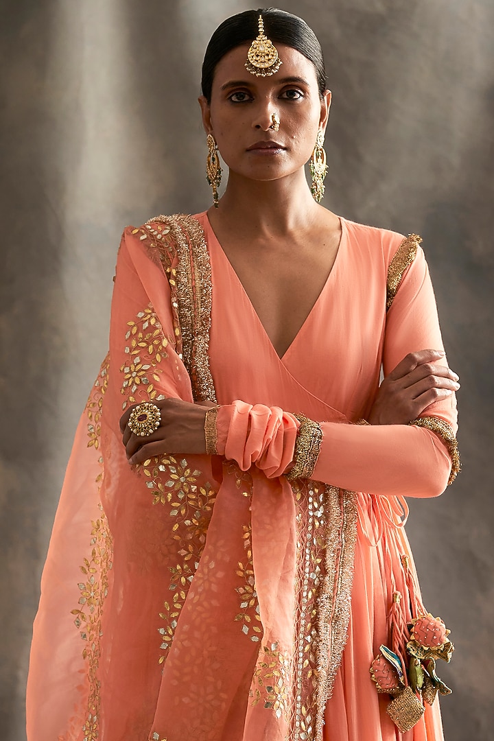 Peach Lampi Angrakha Kurta Set by ITRH at Pernia's Pop Up Shop
