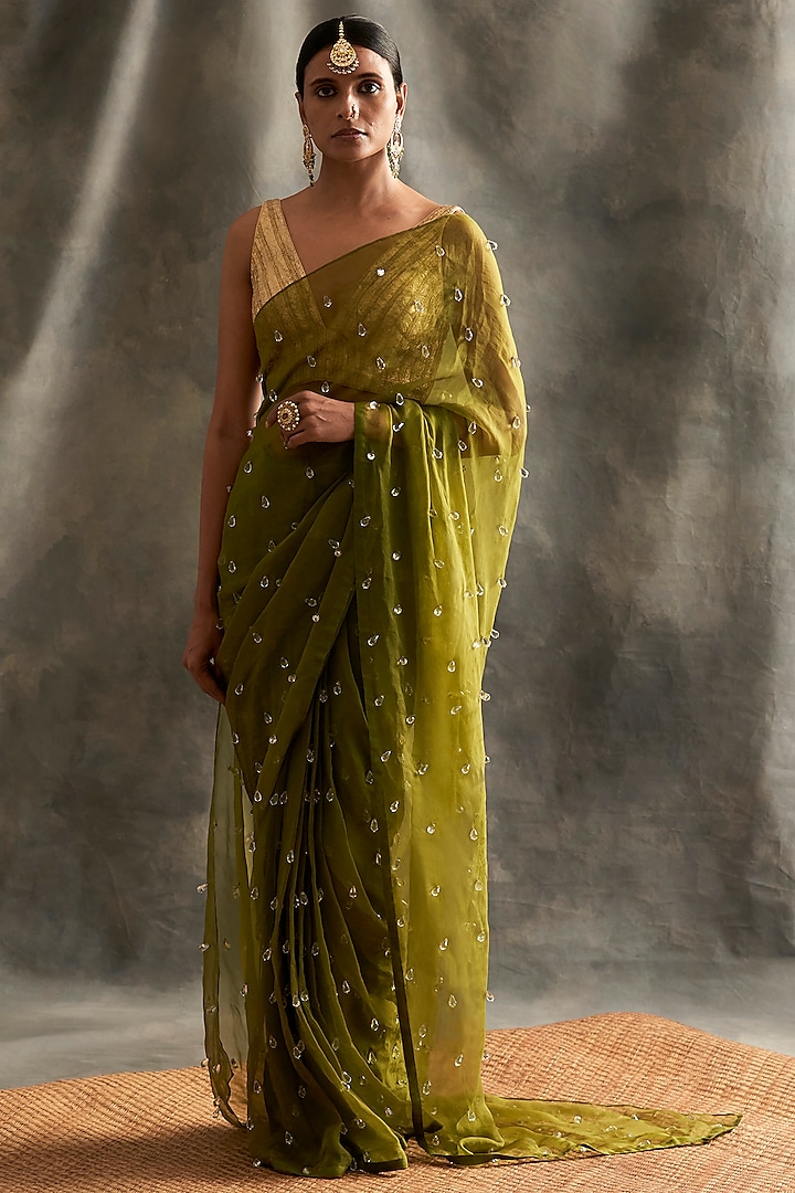 Olive Green Silk Organza Crystal Embellished Saree Set by ITRH
