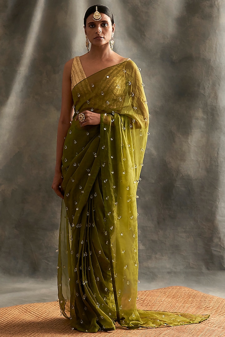 Olive Green Silk Organza Crystal Embellished Reception Saree Set by ITRH at Pernia's Pop Up Shop