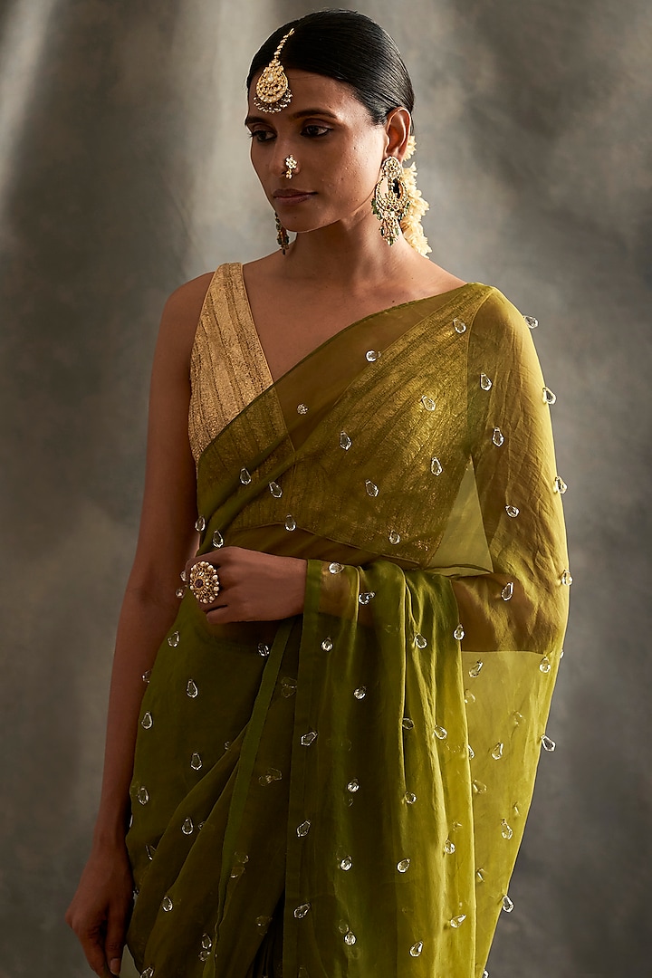 Olive Green Silk Organza Crystal Embellished Reception Saree Set by ITRH at Pernia's Pop Up Shop