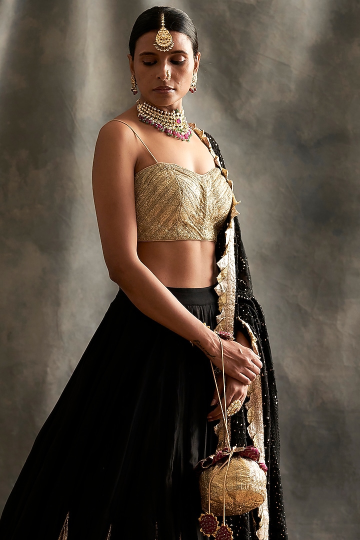 Black Chanderi & Lampi Wedding Lehenga Set by ITRH at Pernia's Pop Up Shop