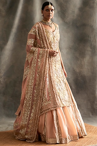 Peach Silk Chanderi Lehenga Set by ITRH