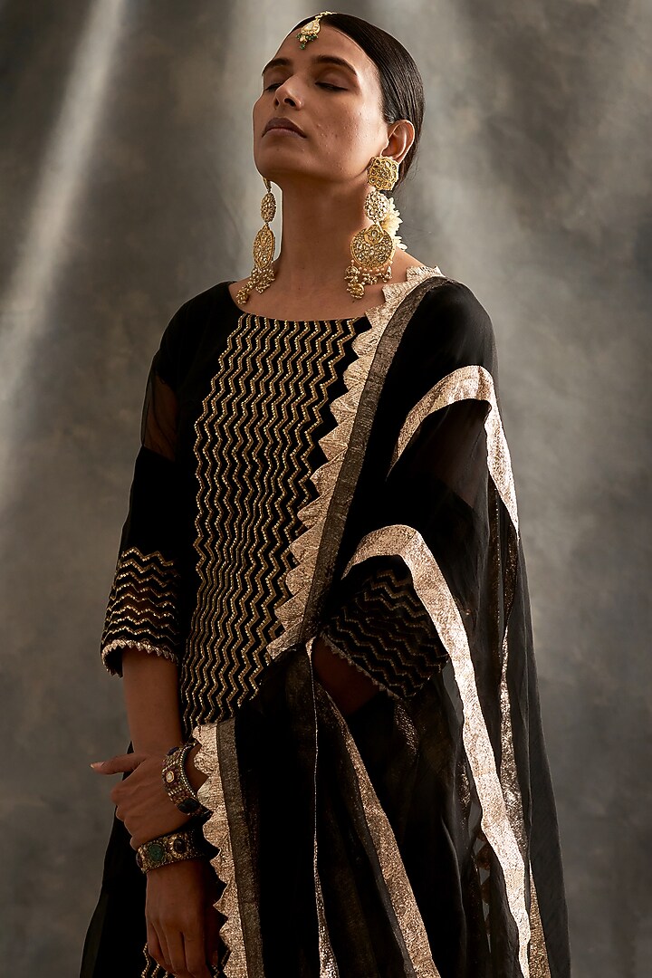 Black Silk Chanderi Wedding Sharara Set by ITRH at Pernia's Pop Up Shop