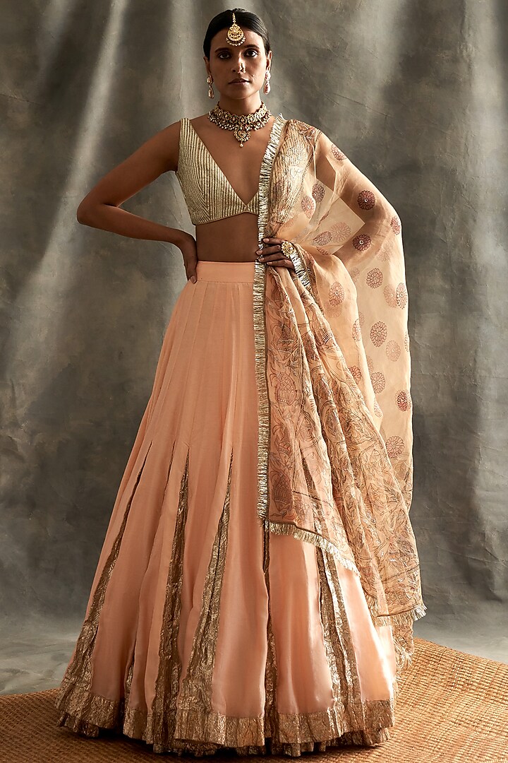 Peach Silk Chanderi & Lampi Godet Work Wedding Lehenga Set by ITRH at Pernia's Pop Up Shop