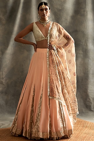 Peach Silk Chanderi & Lampi Godet Work Lehenga Set by ITRH
