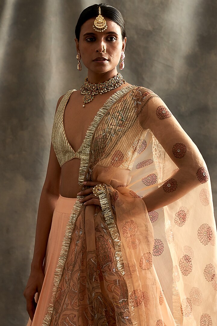 Peach Silk Chanderi & Lampi Godet Work Bridal Lehenga Set by ITRH at Pernia's Pop Up Shop