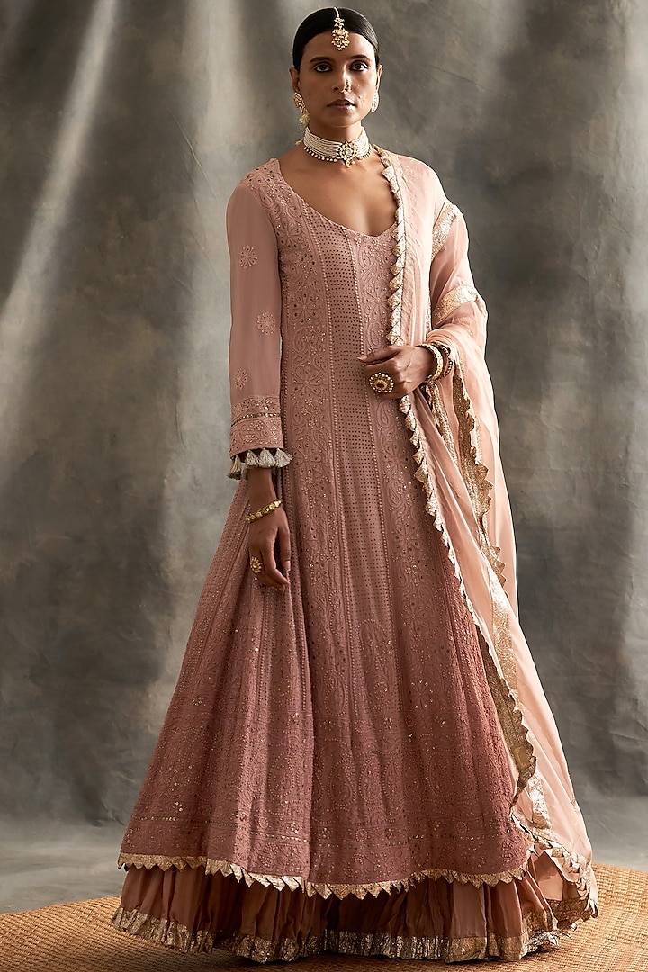 Rose Pink Ombre Pure Silk Anarkali Set by ITRH at Pernia's Pop Up Shop