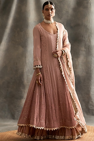 Rose Pink Ombre Pure Silk Anarkali Set by ITRH