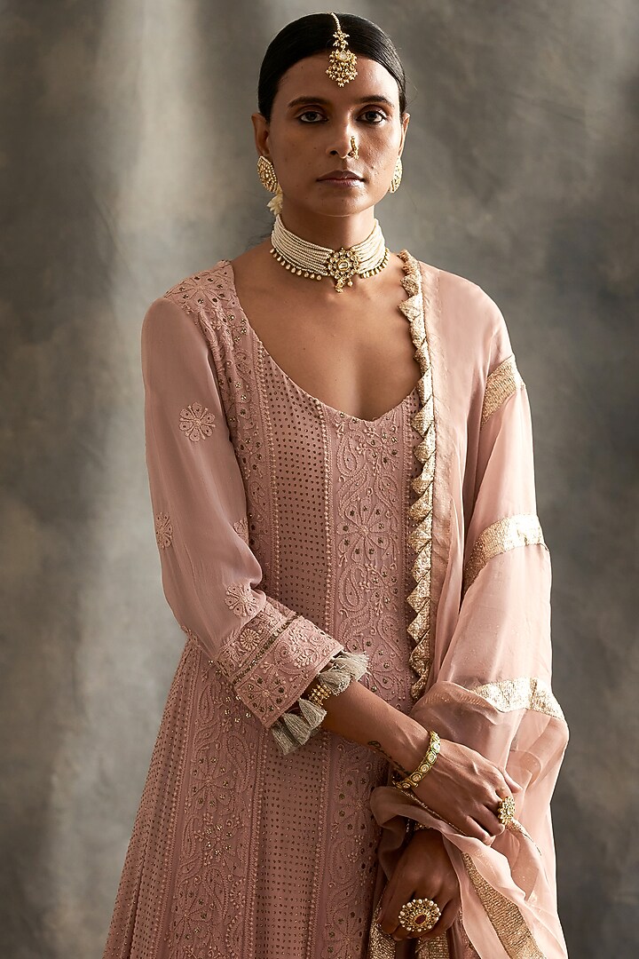 Rose Pink Ombre Pure Silk Wedding Anarkali Set by ITRH at Pernia's Pop Up Shop