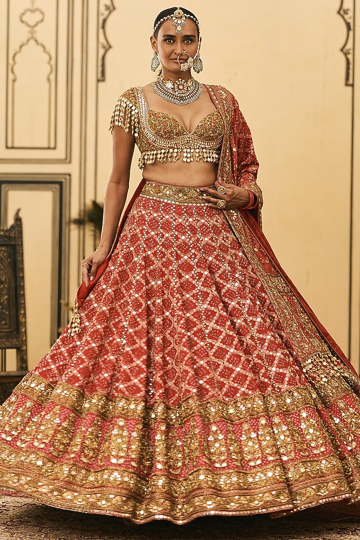 Radiant Red Bandhani Bridal Lehenga Set by ITRH at Pernia's Pop Up Shop