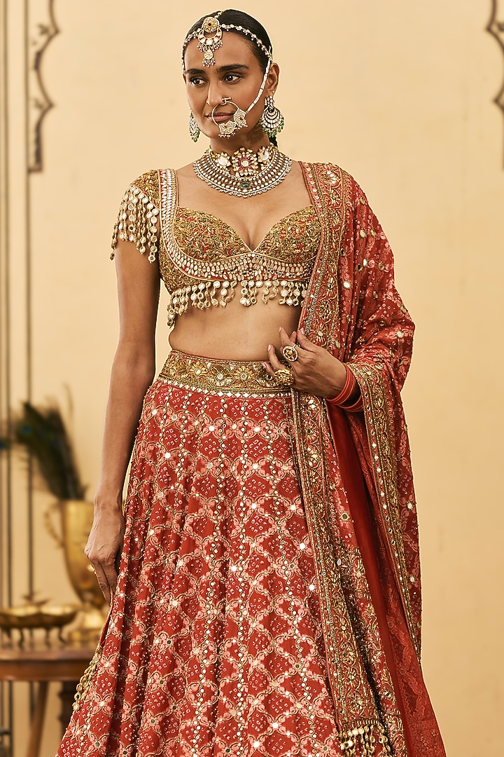 Radiant Red Bandhani Bridal Lehenga Set by ITRH at Pernia's Pop Up Shop